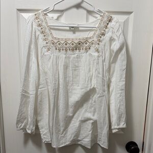 Lucky Brand White Peasant Tunic with Tan Embroidery